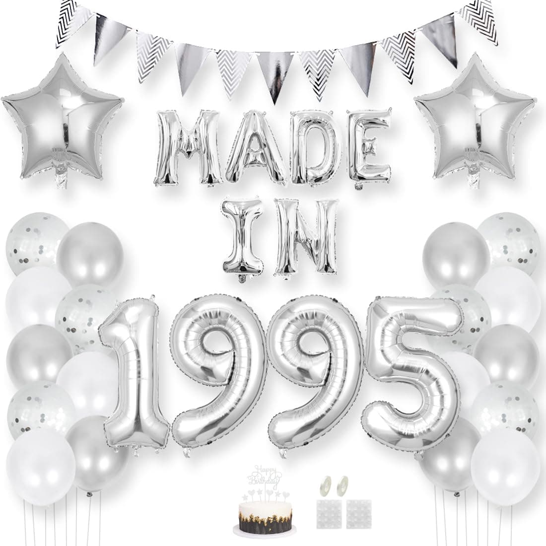 Daimay 30 Jahr Geburtstag Deko Frauen Mann MADE IN 1995 Luftballons Silber Geburtstagdeko Ballons Folienballons Luftballons Dreieckflagge Stern Mylar Foil Ballon Konfetti Luftballons Tortenaufsatz