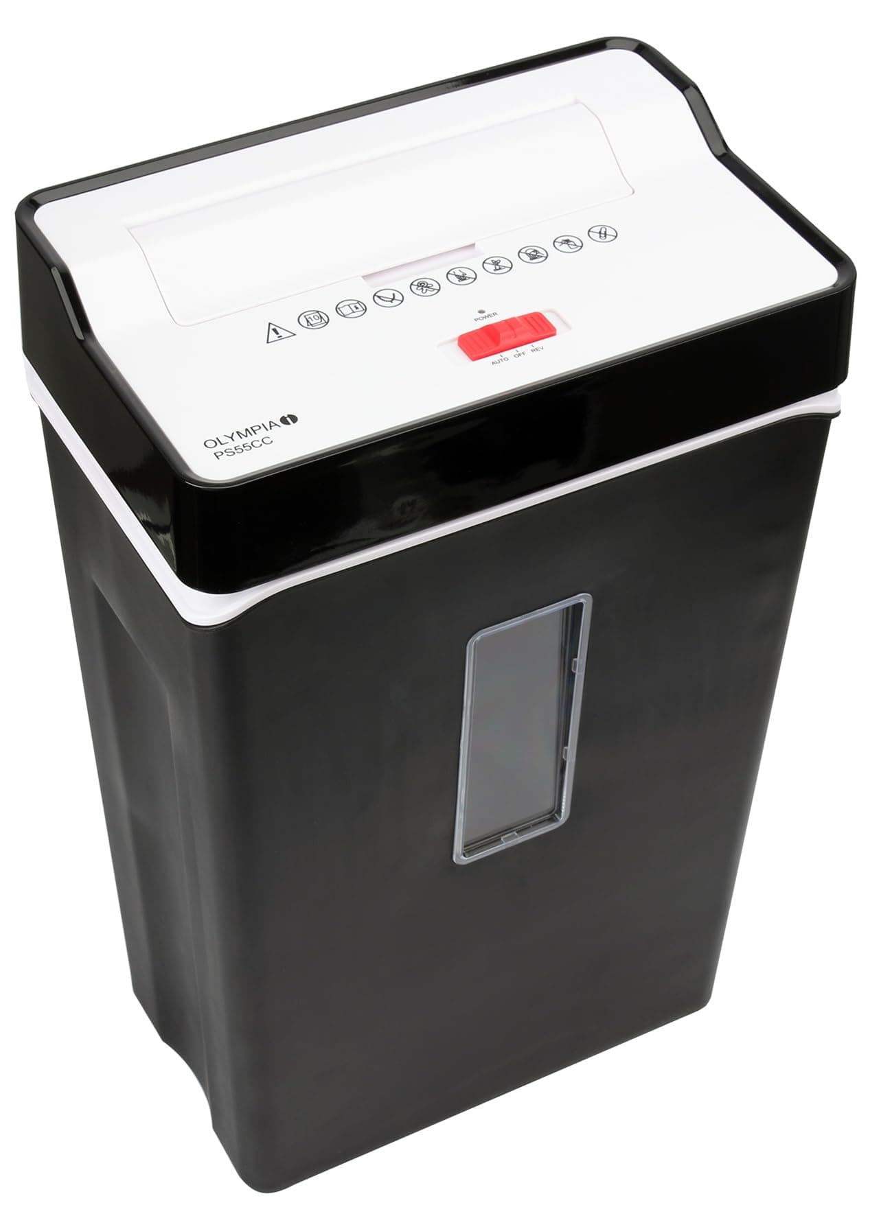 Olympia PS 55 CC Profi Aktenvernichter (mit Partikelschnitt, Sicherheitsstufe P4, Kreditkarte, 10 Blätter 80 g/m², Papierschredder fürs Büro, Papiervernichter, Reißwolf mit Papierkorb, Sichtfenster) schwarz Single