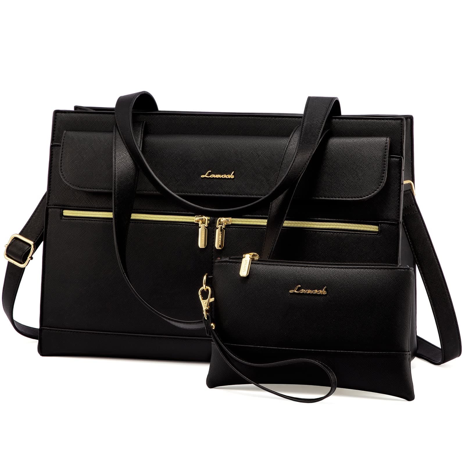 LOVEVOOK Laptop Handtasche Damen, Laptoptasche 15,6 Zoll Shopper Tasche Damen Groß, PU Leder Aktentasche Umhängetasche, Wasserdicht Arbeitstasche Lehrertasche für Business Büro Schule, Schwarz 15.6 Zoll A-schwarz