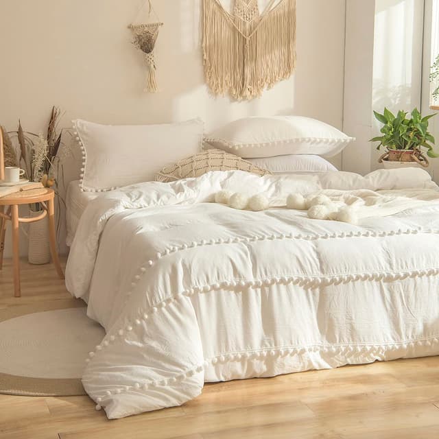Freyamy Böhmen Bettwäsche 135x200cm 4teilig Weiß Pom Pom Boho Chic Wendebettwäsche Gewaschene Microfaser Weiche Bettbezug 2 Bettdeckenbezüge mit Reißverschluss und 2 Kissenbezug 80x80cm Pompons Fransen-weiß 4teilig：135x200cmx2+80x80cmx2