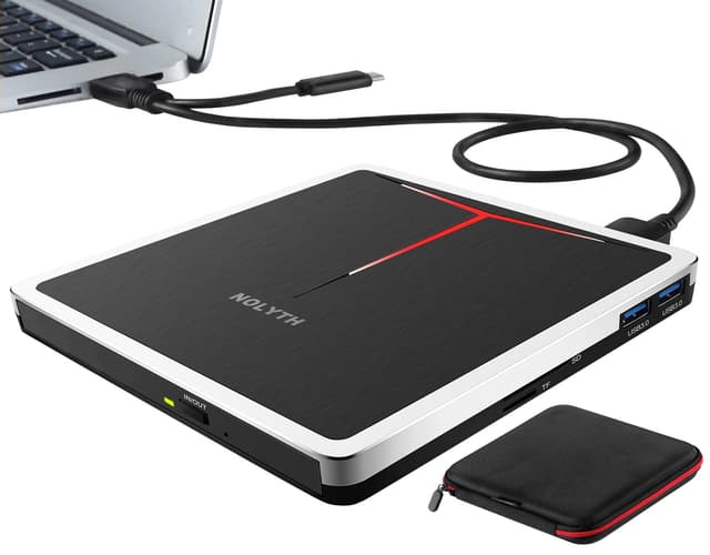 NOLYTH Externes DVD Laufwerk für Laptop: USB 3.0 & Typ-C CD Brenner Extern mit SD/TF/2 USB Ports/Extra Laufwerksgehäuse - Tragbar Plug & Play für Mac MacBook PC Windows