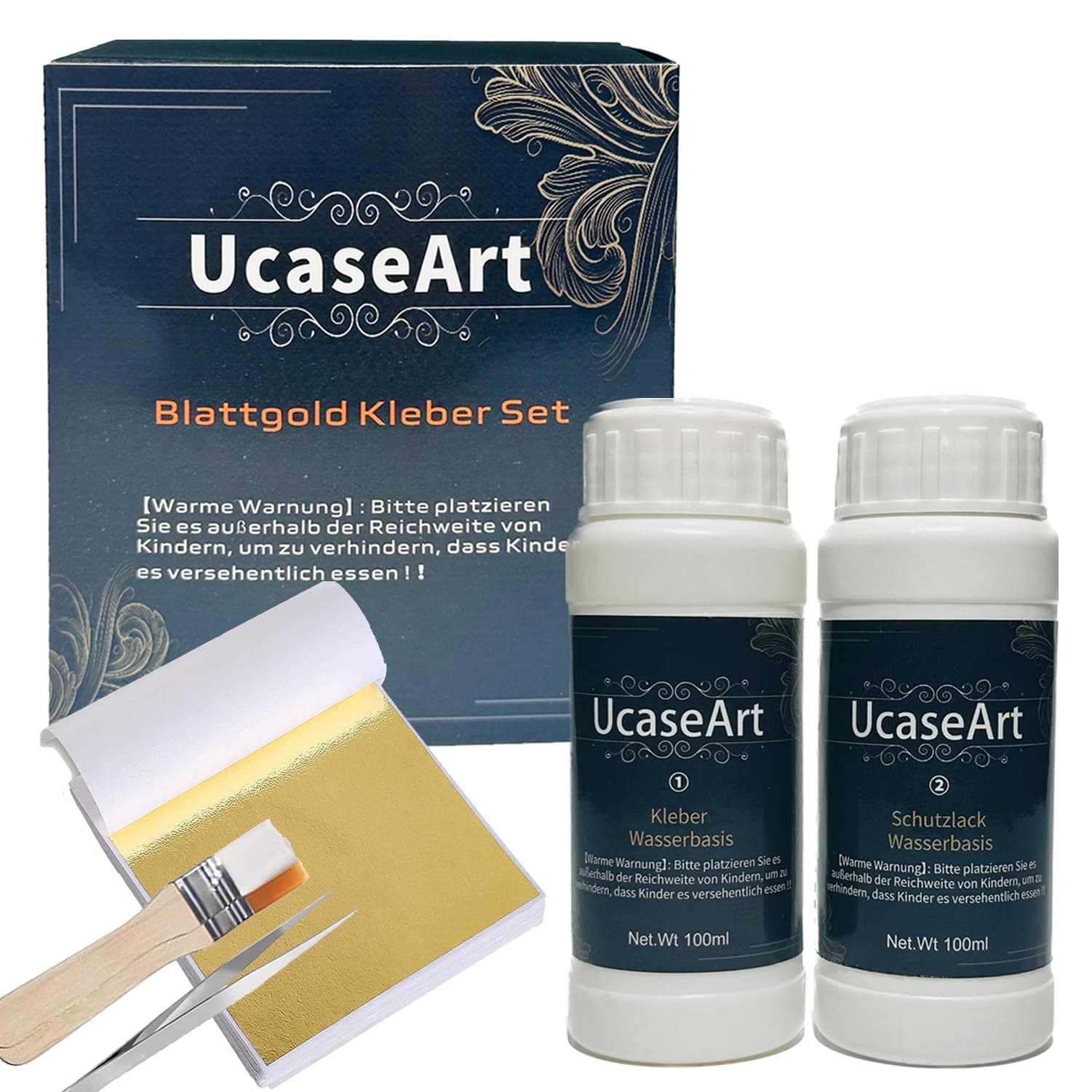 Blattgold Kleber Set,inkl.100 ml Kleber und 100 ml Schutzlack auf Wasserbasis, 100 Blatt Blattgold,für DIY Basteln Künstlerbedarf zum Vergolden Malerei, Schmuckherstellung (Blattgold Kleber Set)