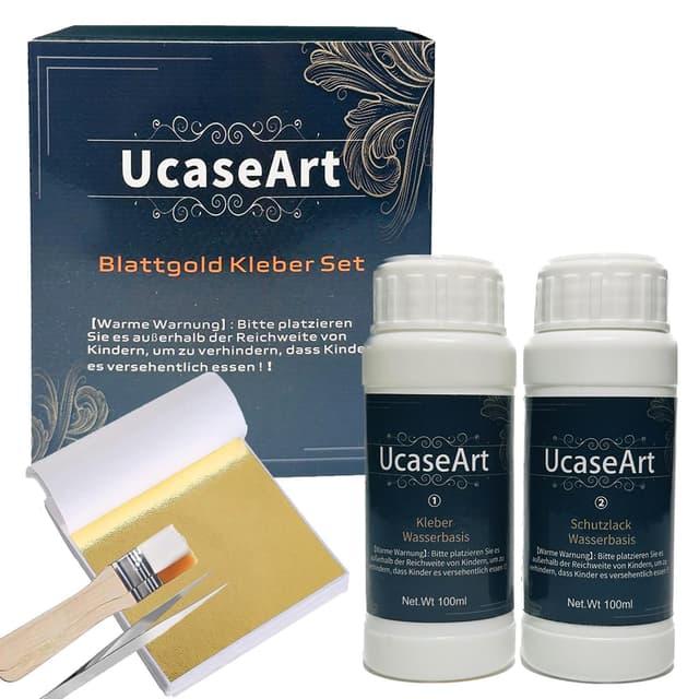 Blattgold Kleber Set,inkl.100 ml Kleber und 100 ml Schutzlack auf Wasserbasis, 100 Blatt Blattgold,für DIY Basteln Künstlerbedarf zum Vergolden Malerei, Schmuckherstellung (Blattgold Kleber Set)