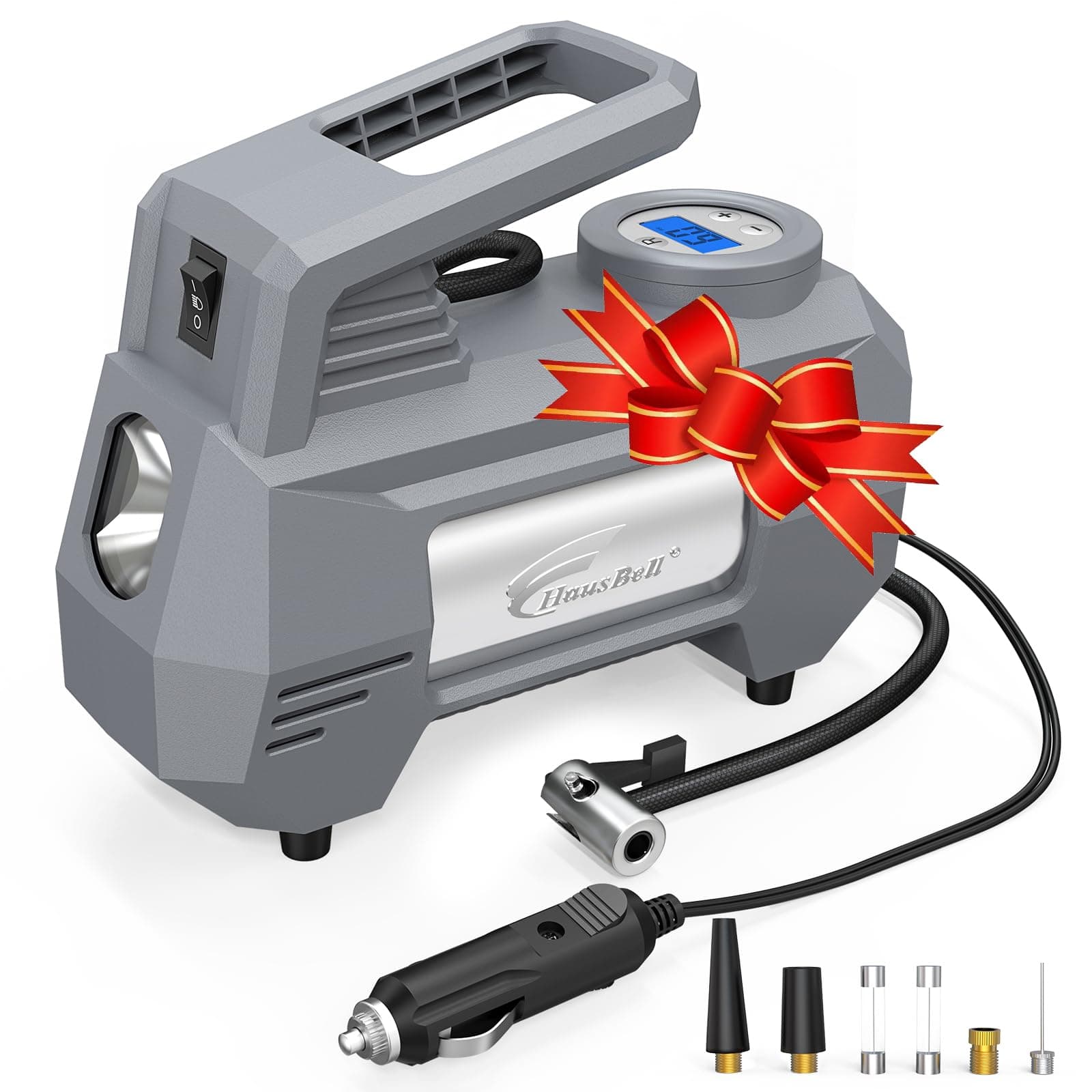 HAUSBELL Reifenkompressor 12V – Digitale Luftpumpe 150 PSI mit Abschaltautomatik, LED-Notlicht & Ventiladapter – Tragbares Autozubehör für schnelles Aufpumpen (Grau)