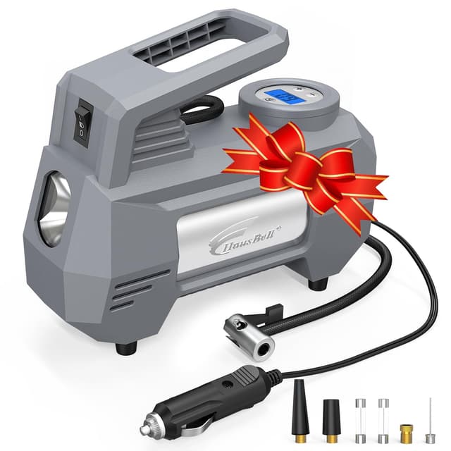 HAUSBELL Reifenkompressor 12V – Digitale Luftpumpe 150 PSI mit Abschaltautomatik, LED-Notlicht & Ventiladapter – Tragbares Autozubehör für schnelles Aufpumpen (Grau)