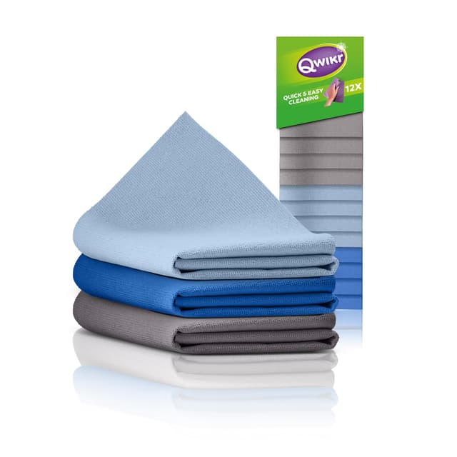 Qwikr Mikrofasertücher Küche 12 Stück Grau, Hellblau, Blau – Reinigungstücher - Putztücher - Vorteilspackung – 21x21cm Größe - ideal für große Aufgaben - Mikrofasertücher - waschbar bei 60 Grad 21 x 21 cm Grau, Hellblau, Blau