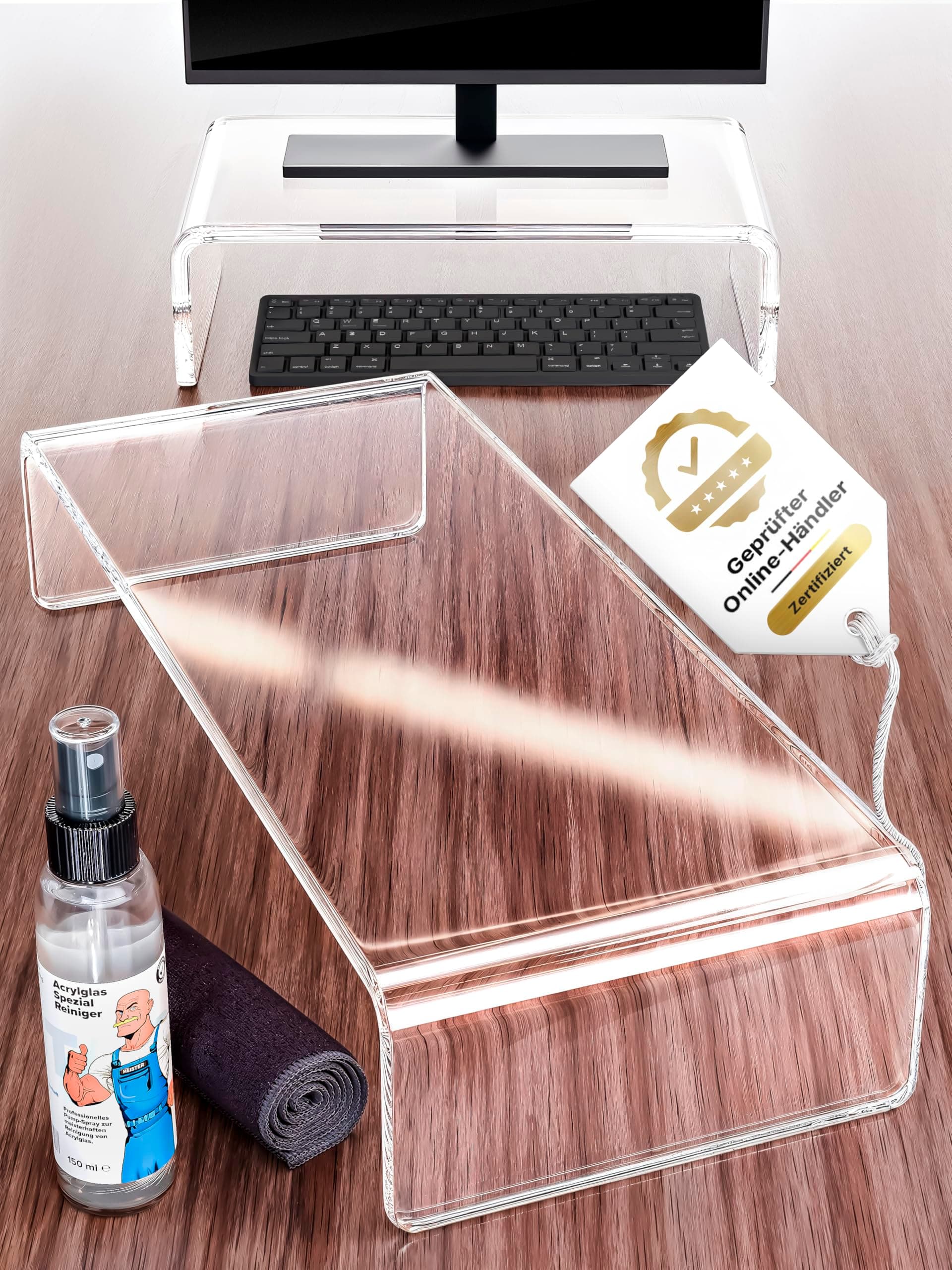 Acrylglas Monitorerhöhung XL 50x20x10 cm - Extra breiter Monitorständer aus Deutschland - Ergonomische Bildschirmerhöhung inkl. Reinigungsset - Praktischer Schreibtischaufsatz Set 50cm