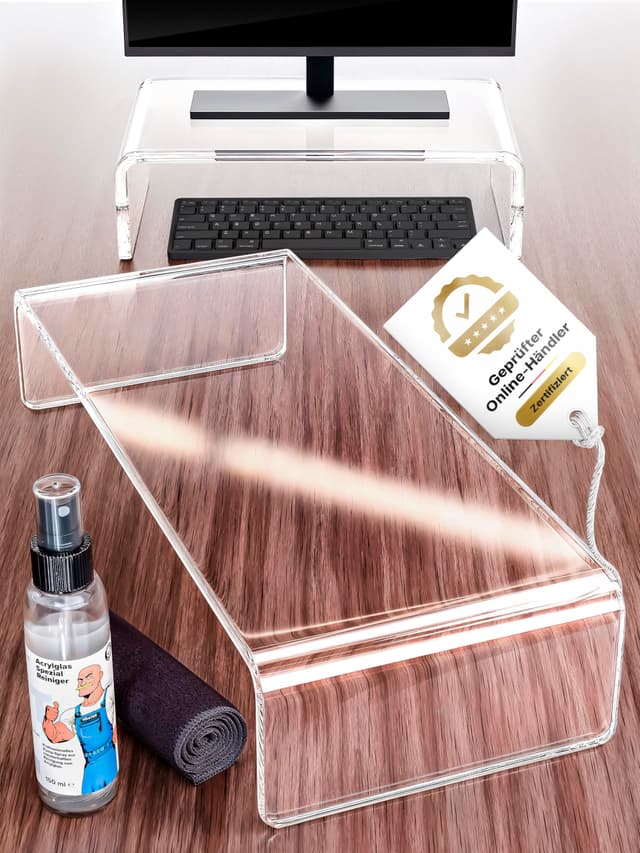 Acrylglas Monitorerhöhung XL 50x20x10 cm - Extra breiter Monitorständer aus Deutschland - Ergonomische Bildschirmerhöhung inkl. Reinigungsset - Praktischer Schreibtischaufsatz Set 50cm