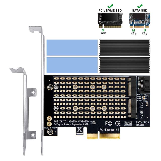 Dual M.2 PCIe-Adapter mit Kühlkörper, 6amLifestyle M2 NGFF-SSD und NVME-SSD zu PCI-e 3.0 x4-Hostcontroller-Erweiterungskartenunterstützung M.2 M Key SSD 2280 2260 2242 2230 mit Low Profile Bracket