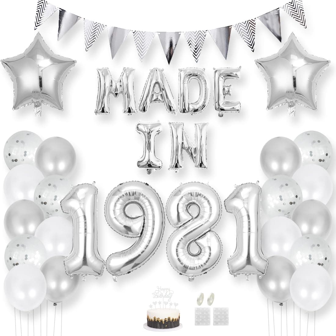 Daimay 44 Jahr Geburtstag Deko Frauen Mann MADE IN 1981 Luftballons Silber Geburtstagdeko Ballons Folienballons Luftballons Dreieckflagge Stern Mylar Foil Ballon Konfetti Luftballons Tortenaufsatz