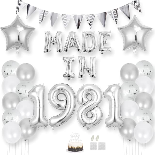 Daimay 44 Jahr Geburtstag Deko Frauen Mann MADE IN 1981 Luftballons Silber Geburtstagdeko Ballons Folienballons Luftballons Dreieckflagge Stern Mylar Foil Ballon Konfetti Luftballons Tortenaufsatz