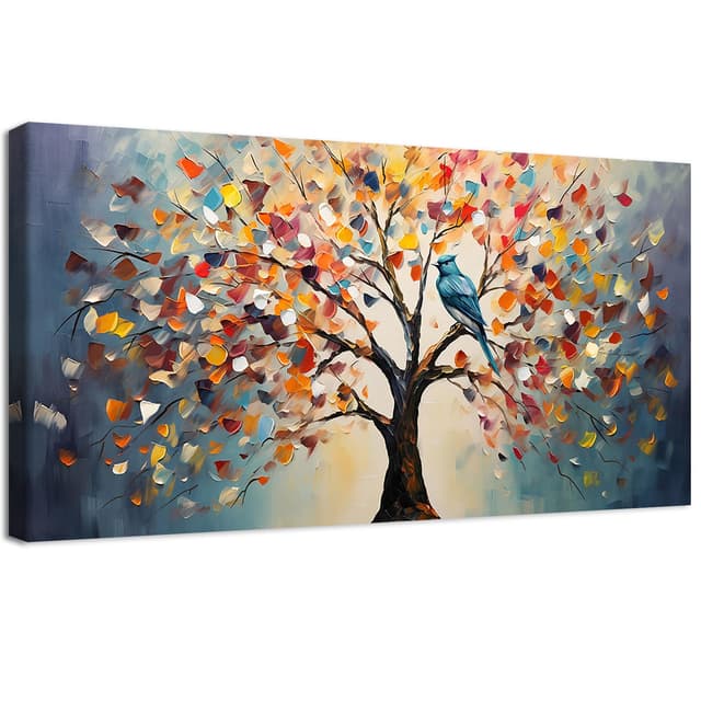 Bunte Blüte Baum Leinwand Bilder Mit Rahmen Abstrakte Gemälde Floraler Lebensbaum Vögel Bild Wandbilder Wandkunst Leinwand Malerei Poster Foto Wohnzimmer Schlafzimmer Dekorationen 50x100cm Bunte Blüte Baum 100L x 50B cm