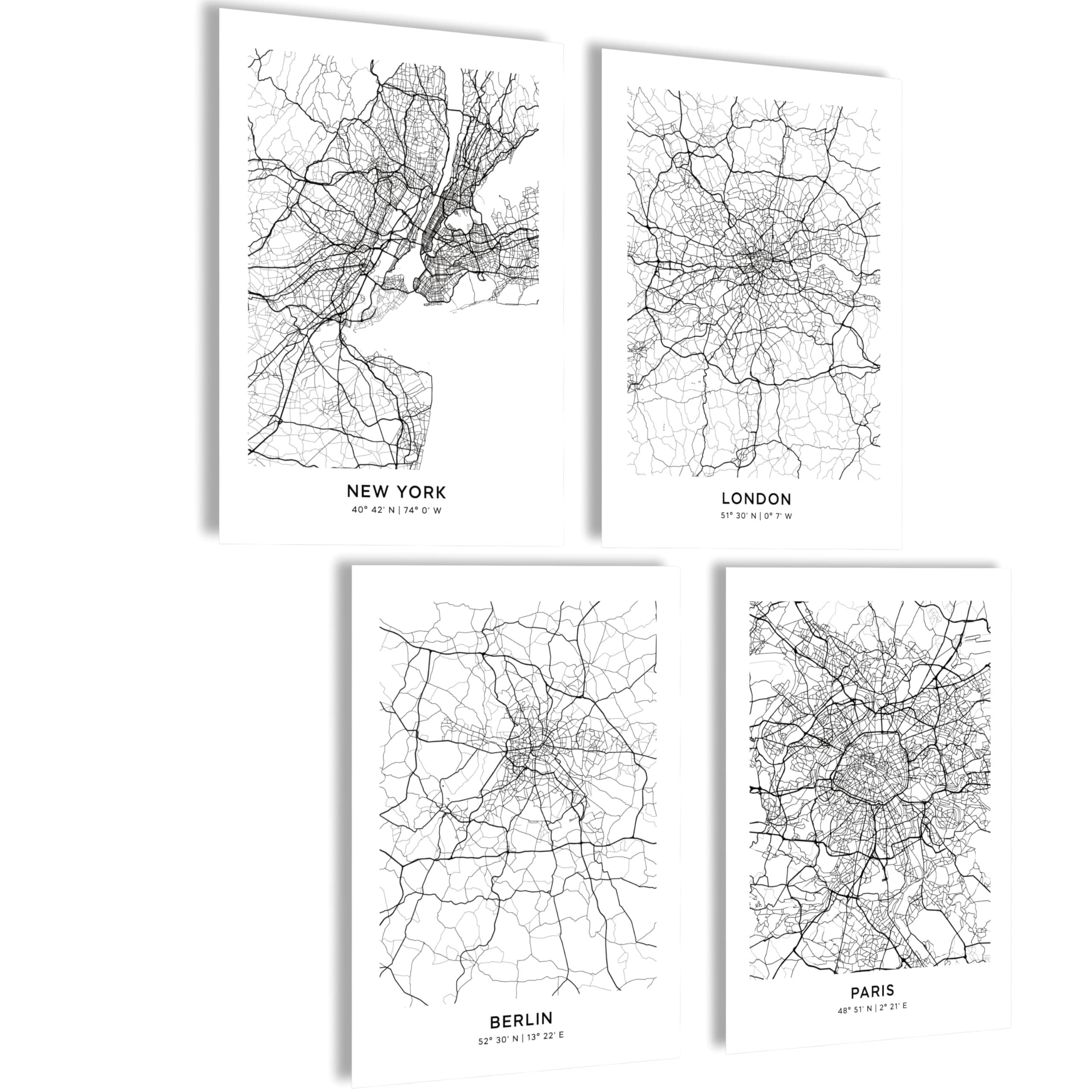 mojoliving Bilder schwarz weiß Bilder New York Bild Poster schwarz-weiß New York Wandbild New York Taxi Bilder Skyline New York Poster (Citymap NY BER LDN PAR) Posterset 4x A4 (21x30cm) | ohne Rahmen Citymap NY BER LDN PAR
