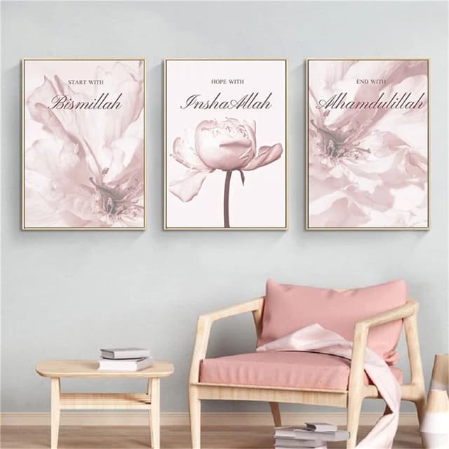 TROYSINC 3 Stück Poster Set, Islamisch Leinwandbilder, Rose Blumen Wandbilder, Modern Ohne Rahmen Bilder Set Wanddecor für Wohnzimmer (50 x 70 cm)