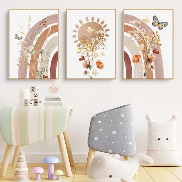 Herfair 3er Set Poster Kinderzimmer Deko Regenbogen Sonne Blume und Schmetterling Bilder, Kinderzimmer Deko Bilder Set Junge Mädchen Babyzimmer Kinderbilder (30x40cm)