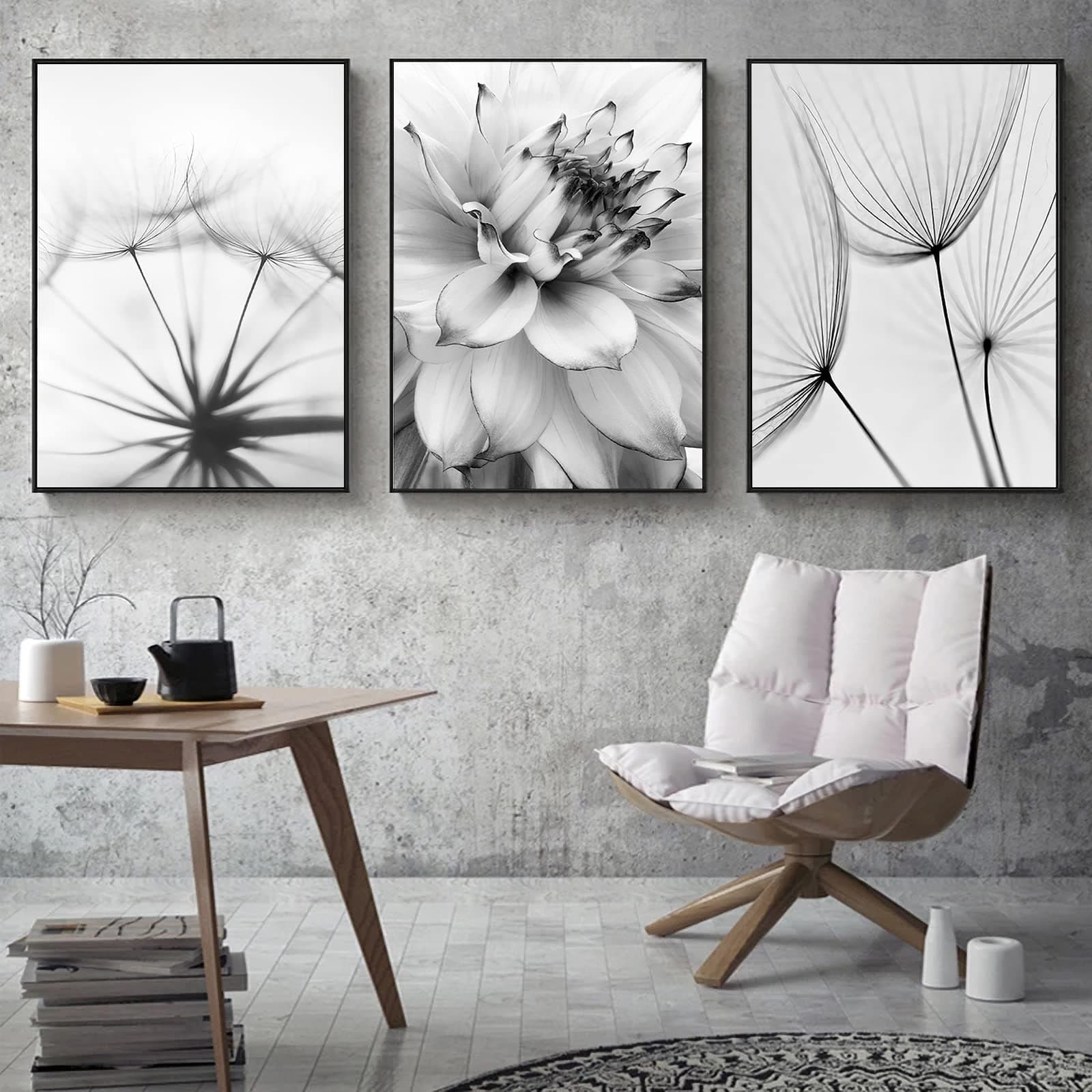 Trayosin 3-teiliges Premium Poster Set Aesthetic Blume Schwarz Weiß Feder Löwenzahn Bilder Moderne Wandbilder, Wohnzimmer Schlafzimmer Wanddeko Art ohne Rahmen (B,50x70cm) B 50x70cm