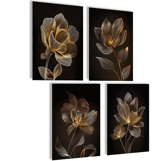 mojoliving Poster Kaffee Bilder Kaffee Bild Wandbilder für die Küche Poster Aesthetic Deko Küchenbilder Vintage Bilder Wohnzimmer Deko Küche (Gold Flowers, 4x A4 | ohne Rahmen) 4x A4 | ohne Rahmen Gold Flowers