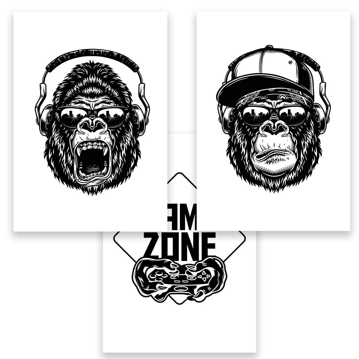 Gamer Affe Gorilla Bilder DIN A4 3er Set Monkey Dekobilder Wandbilder Skizze Poster Malerei Wohnzimmer Jugendzimmer Junge Bilderset Dekoration (ohne Rahmen)