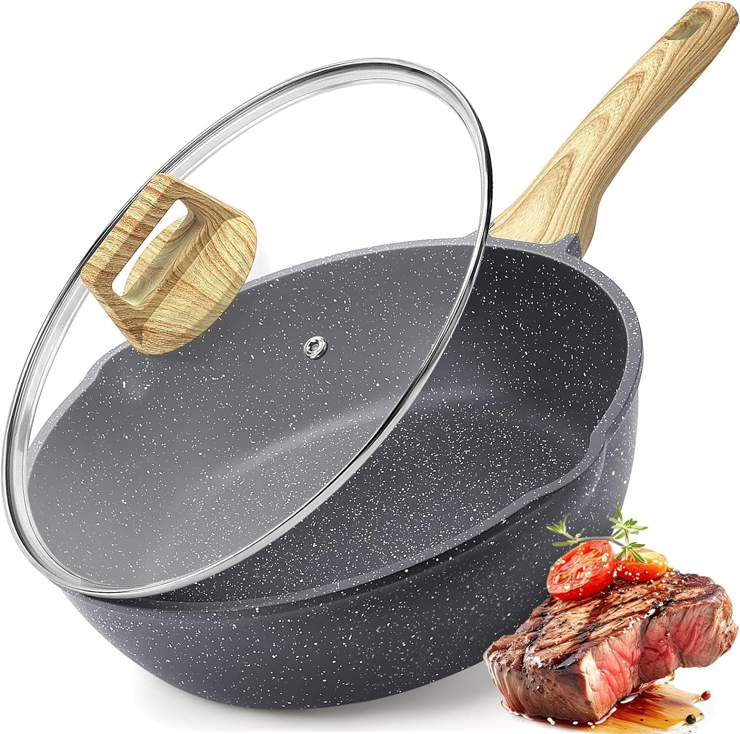 GiPP Schmorpfannen Bratpfannem 28cm Hoher Rand, Antihaft Wokpfanne mit Deckel, 4.3L Keramik-Antihaftbeschichtung 28cm Pfanne mit Deckel, PFOS/PFOA-frei, für alle Herdarten-Grau Grau 28cm