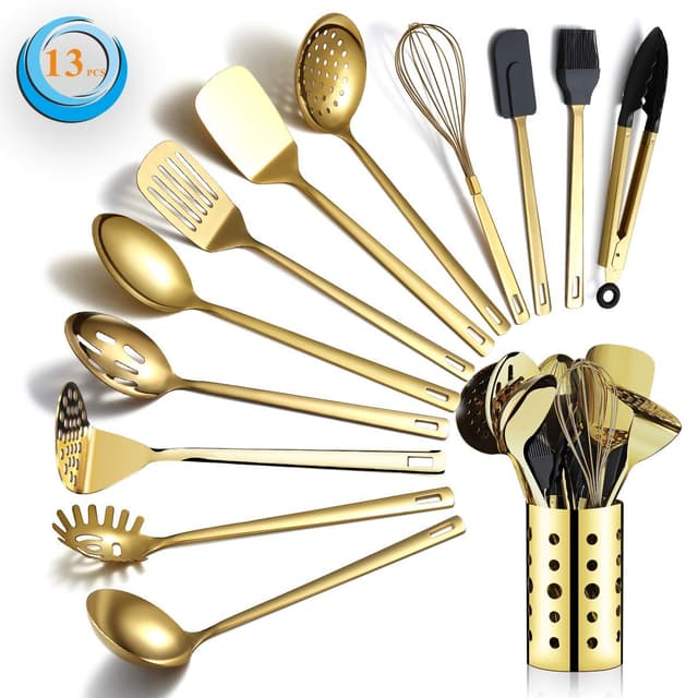 Gold Kochutensilien Set, Berglander Edelstahl 13 Stück Küchenutensilien Set mit Titan Vergoldung, Küchengeräte Set mit Utensilienhalter, spülmaschinenfest, leicht zu reinigen 1. 13 Stücke