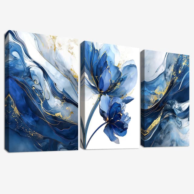 3Pcs Aquarell Gold Blau Lotusblume Mit Rahmen Leinwand Bilder Abstrakt Marineblau Marmor Bild auf Leinwand Malerei Wandbilder Wandposter Wohnzimmer Schlafzimmer Badezimmer Wanddeko 40x60cm x3pcs Aquarell Gold Blau Lotusblume 40L x 60B cm