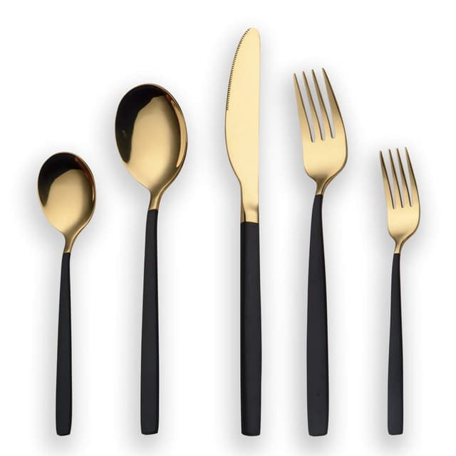 Berglander 30 Stück Edelstahl Besteck Set, Schwarzer Griff mit Gold Mund Gemischte Besteck Set Service für 6 (Schwarz, Golden) 03. Gold und Schwarz