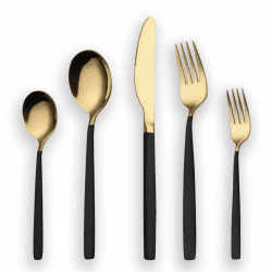 Berglander 30 Stück Edelstahl Besteck Set, Schwarzer Griff mit Gold Mund Gemischte Besteck Set Service für 6 (Schwarz, Golden) 03. Gold und Schwarz