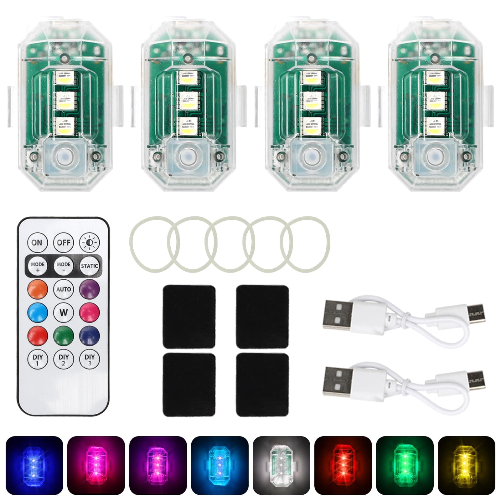 LOMUG Auto Fernbedienung Blitzlicht, 4 Stück Drahtloses LED Blitzlicht mit hoher Helligkeit,8 Farben LED Flugzeug Blitzlicht mit Fernbedienung, Flugzeug blitzlicht USB Aufladbar für Auto, Drohne