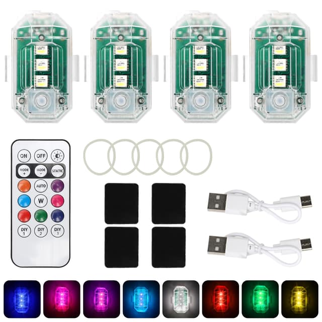 LOMUG Auto Fernbedienung Blitzlicht, 4 Stück Drahtloses LED Blitzlicht mit hoher Helligkeit,8 Farben LED Flugzeug Blitzlicht mit Fernbedienung, Flugzeug blitzlicht USB Aufladbar für Auto, Drohne