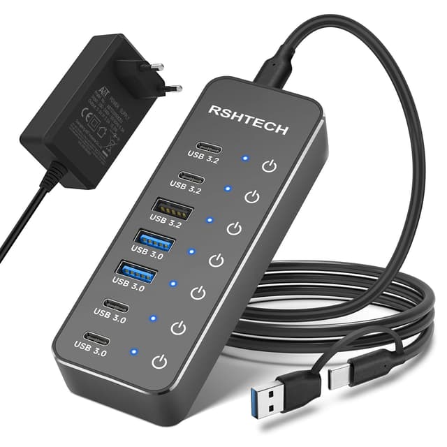RSHTECH 7 Port USB C 3.2 Hub Aktiv mit Netzteil - USB 3.1 Gen2 Hub mit 3 * 10Gbps Ports (Type-A, 2*Type-C), 3.0 5Gbps (2* Ty-A, 2* Ty-C) - Datenkabel (100cm), 15W 5V/3A, RSH-ST07C-4