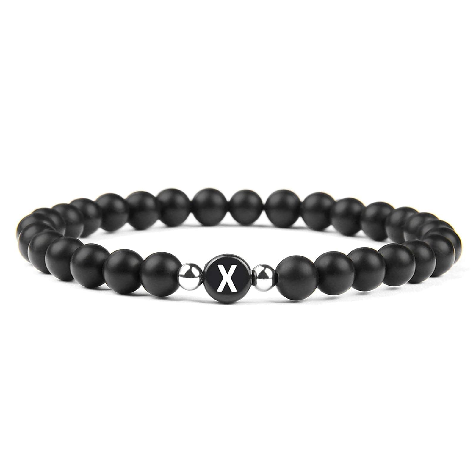 APMGONT Damen Herren Perlen Buchstaben Armband, Onyx Perlenarmband mit Buchstaben, Perlen Armband mit Initialen, Armband mit Buchstaben in Schwarz, Partnerarmbänder mit Naturstein Perlen