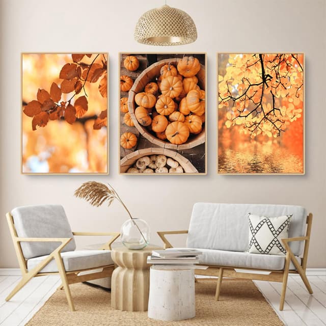 3er Premium Poster Set, Aesthetic Herbst Blätter Bilder, Leinwand Malerei, Herbst Bilder Wanddeko für Wohnzimmer Schlafzimmer, Ohne Rahmen (A,50x70cm) A 50x70cm