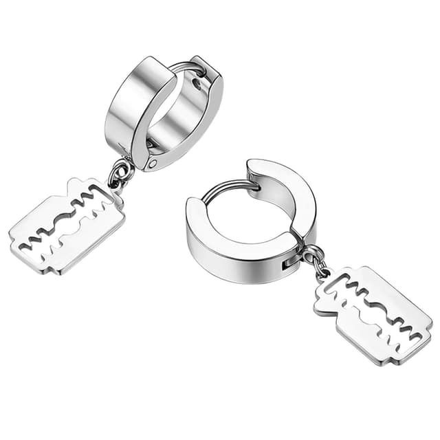 Flongo Herren Ohrstecker Creolen Damen Ohrringe Ohrhänger aus Edelstahl in Silber Schwarz Gold Stecker mit hängenden Rasierklinge Klinge Anhänger Männer, Frauen