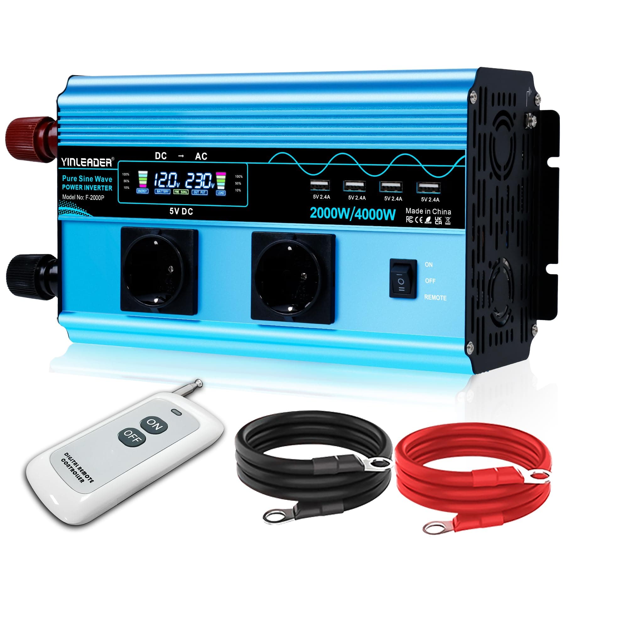 Yinleader Wechselrichter 12V 230V 2000W Reiner Sinus-Spannungswandler mit LCD | 2 Steckdosen und 4 USB /4000W