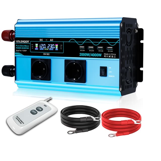 Yinleader Wechselrichter 12V 230V 2000W Reiner Sinus-Spannungswandler mit LCD | 2 Steckdosen und 4 USB /4000W
