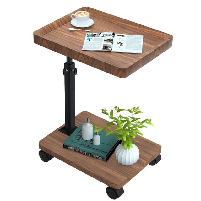 ESTUWD Beistelltisch mit Rollen | Beistelltisch Höhenverstellbar (45-80cm) | Holz Beistelltische c Form haben 360° Rotierend Nussbaum Finish | Couchtisch Klein für Wohnzimmer Sofa Couch (Nussbaum)