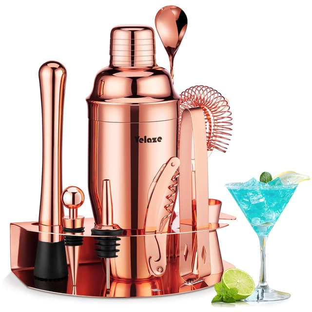 Velaze Cocktail Shaker Set, 10 Teileig Edelstahl Cocktail Mixer Geschenk Set, Barkeeper Set mit Edelstahl Ständer, Professional Cocktail Mixing Set für Zuhause, Bar und Partys, Rosegold