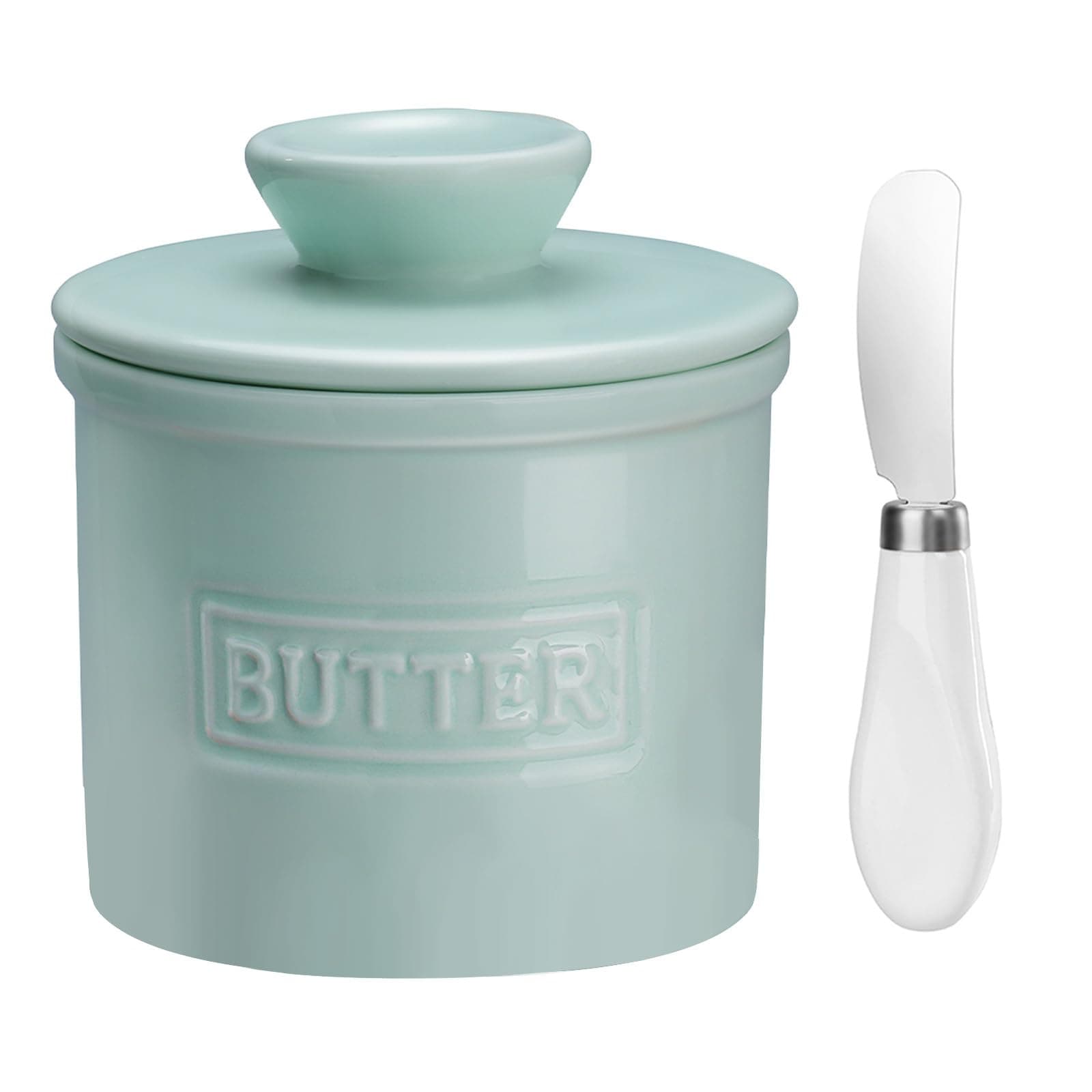 JSHKY: Keramik-Butterdose mit Buttermesser, Französische mit Deckel, Wassergeühlte mit Wasserlinie, Butterglocke für Frische und Weiche Butter, Grün Color:Green