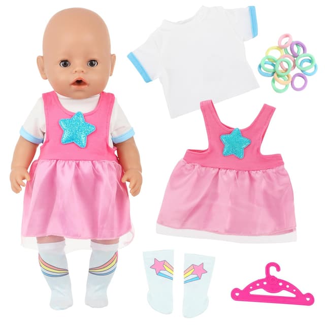 5 Stück Süße Puppenkleidung, 14-18zoll Puppenkleidungs Outfits, 35-45cm Sports Puppenkleidung mit Oberteil Hosenträgerrock Kleiderbügel Socken Haarbändern Mädchen und Jungen, Geburtstags Geschenke