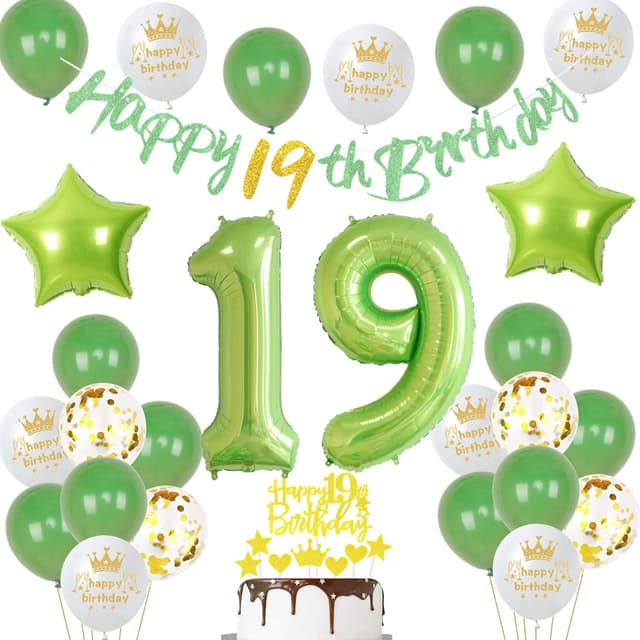 Grün 19. Geburtstag Dekoration Mädchen,Grün Tortendeko Geburtstag 19 Jahre Junge,19 Mädchen Party Deko,Tortendeko 19. Junge,Geburtstagsdeko 19 Jahre