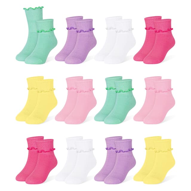 ZERULETS Baby Mädchen Rüschen Socken Taufe Socken für Neugeborene 12 Paare Weiße Rosa Elastisch Söckchen für Kleinkind Mädchen Kinder 0-6 Jahre