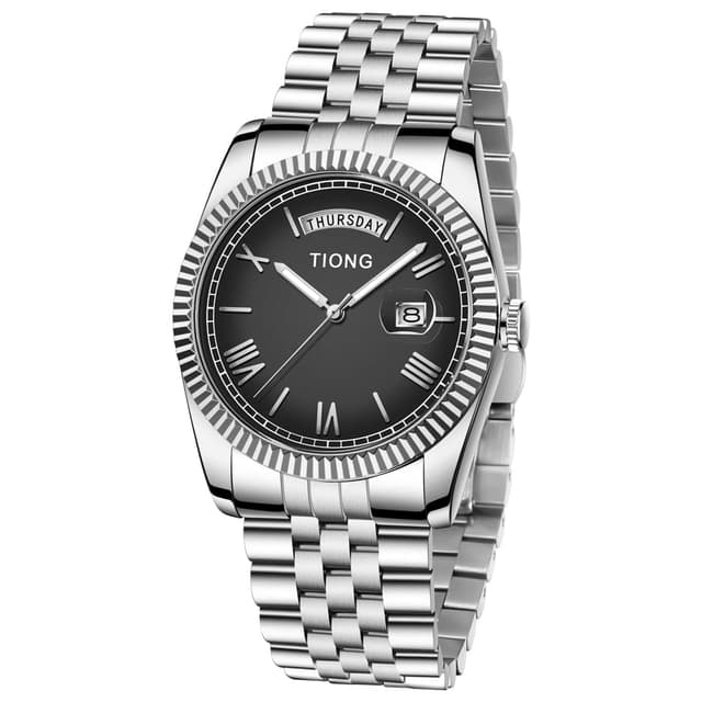 Tiong Herren Uhren Quarz Armbanduhr Wasserdicht Datumsanzeige Edelstahl Analoger Uhren für Männer Tue-silverblack