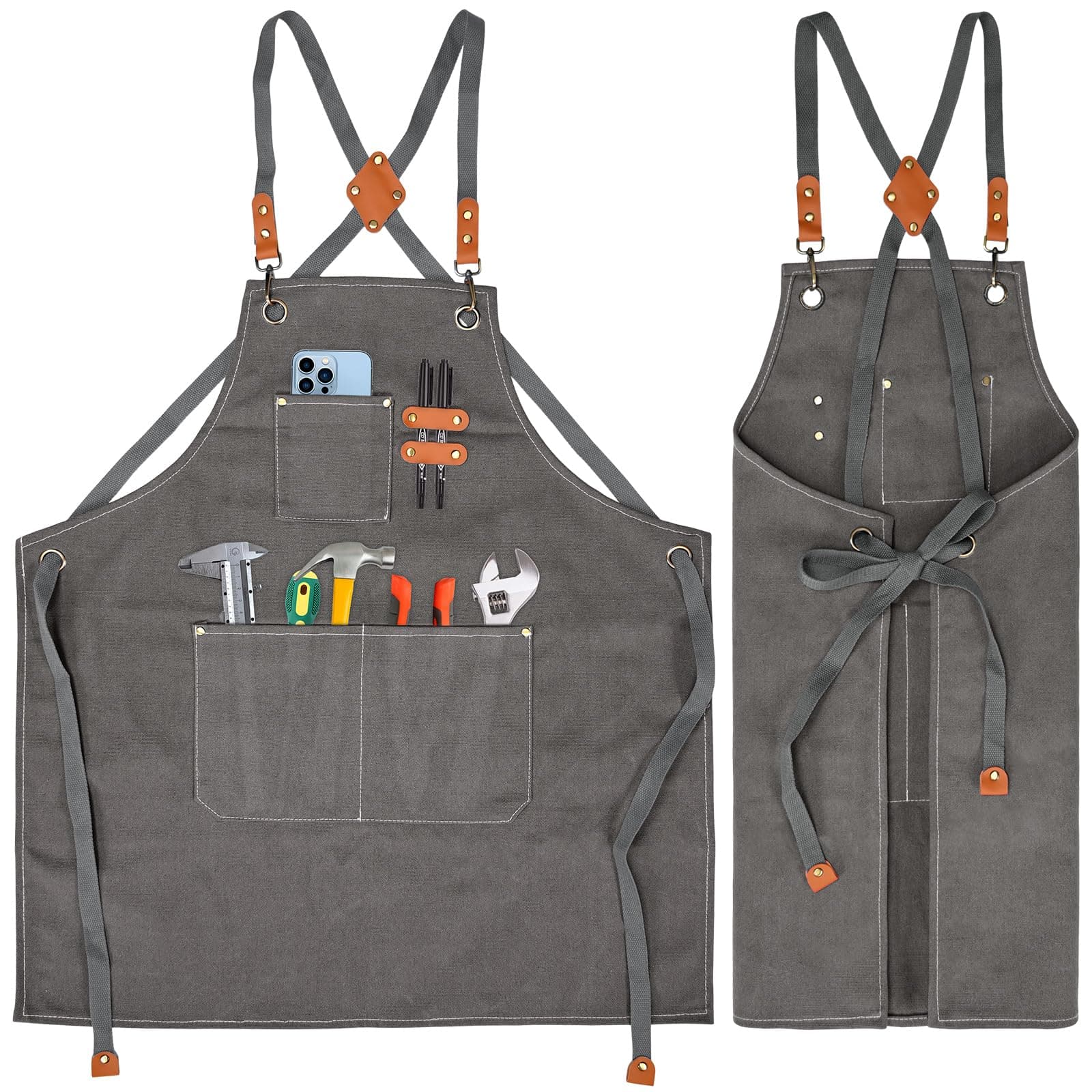KOOOGEAR Multifunktionale Schürze aus Segeltuch,Arbeitsschürze,Schweisserschürze,Grill Kochschürze,erstellbarem Gürtel Geeignet Leinenschürze geeignet für Küche, Garten, Schmiede, Werkstatt Grau