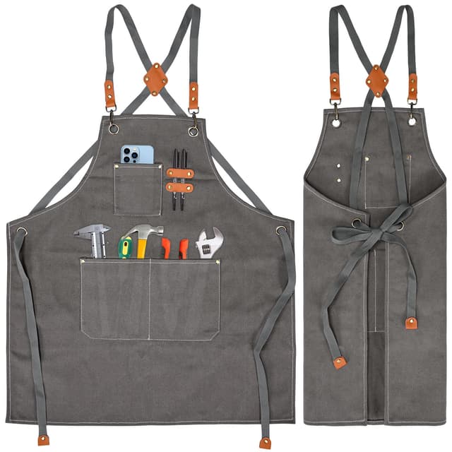 KOOOGEAR Multifunktionale Schürze aus Segeltuch,Arbeitsschürze,Schweisserschürze,Grill Kochschürze,erstellbarem Gürtel Geeignet Leinenschürze geeignet für Küche, Garten, Schmiede, Werkstatt Grau