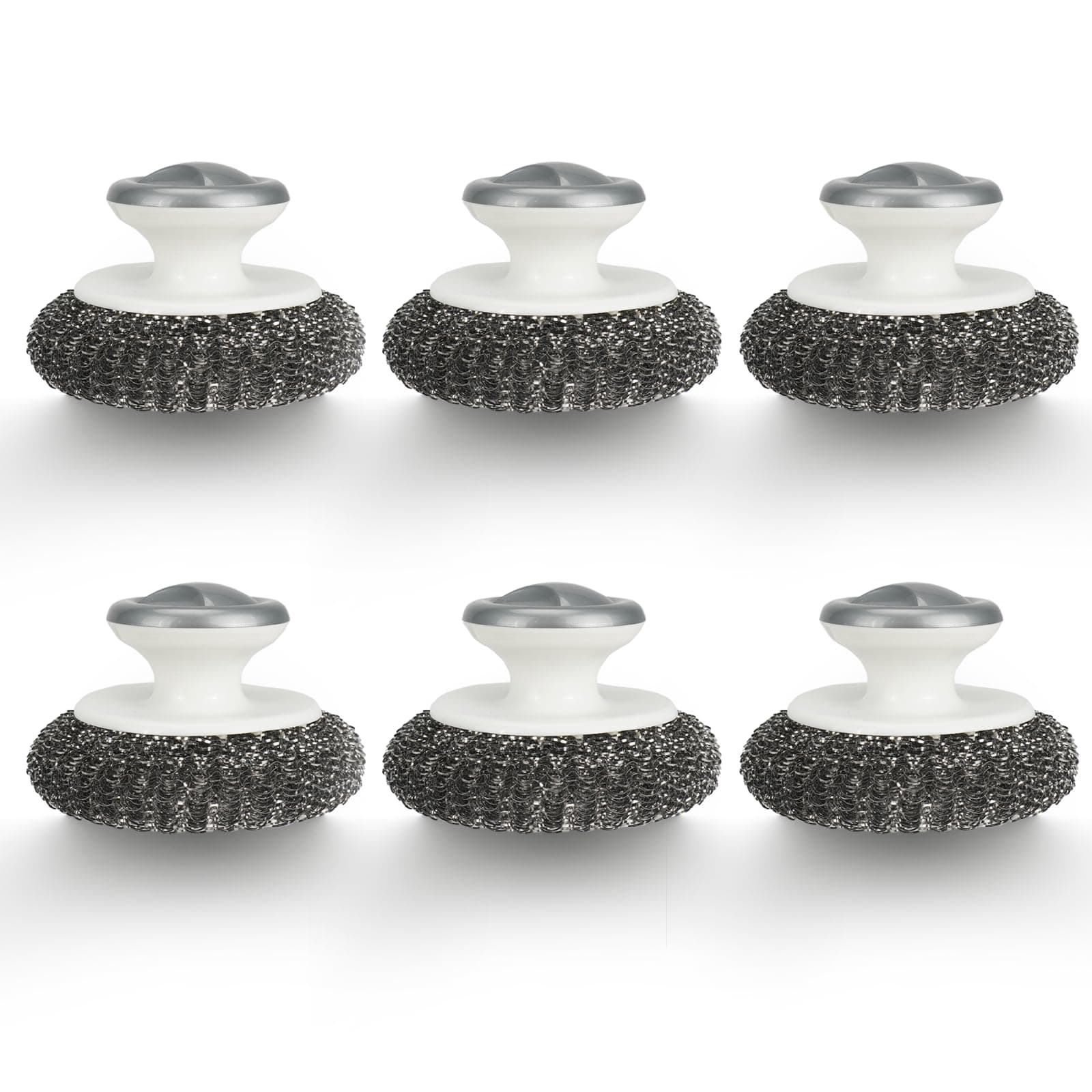 6 Stück Edelstahl-Schrubber mit Griff, LIUCONGBD Stahlwolle Topfreiniger, Wiederverwendbare Stahlschwämme für Geschirr, Pfannen, Grills, Spülen, Gusseisen Töpfe & Hartnäckige Verschmutzungen