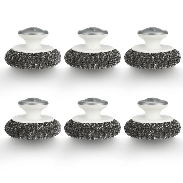 6 Stück Edelstahl-Schrubber mit Griff, LIUCONGBD Stahlwolle Topfreiniger, Wiederverwendbare Stahlschwämme für Geschirr, Pfannen, Grills, Spülen, Gusseisen Töpfe & Hartnäckige Verschmutzungen