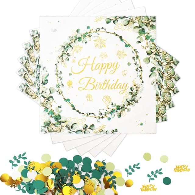 80 Stück Servietten Geburtstag Eukalyptus,Servietten Salbeigrün mit Deko Geburtstag,Happy Birthday Servietten,Geburtstagsservietten 16.5 x 16.5cm für Mädchen Junge Geburtstag Party Dekoration