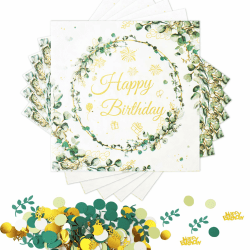 80 Stück Servietten Geburtstag Eukalyptus,Servietten Salbeigrün mit Deko Geburtstag,Happy Birthday Servietten,Geburtstagsservietten 16.5 x 16.5cm für Mädchen Junge Geburtstag Party Dekoration