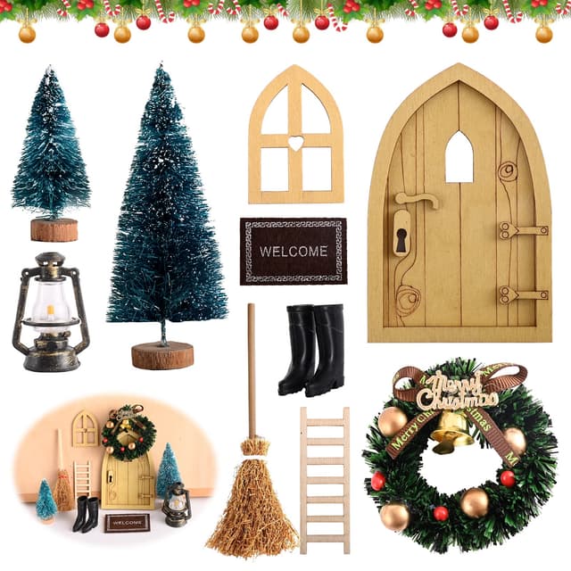 Abnaok Wichieltür Set Weihnachten, Wichteltür Komplettset, Miniatur Wichtel Set Wichteltür Nissedor mit Zubehör Stiefel Laterne Weihnachtsbaum Dekokranz Holzleiter Wichtelbesen für Weihnachten
