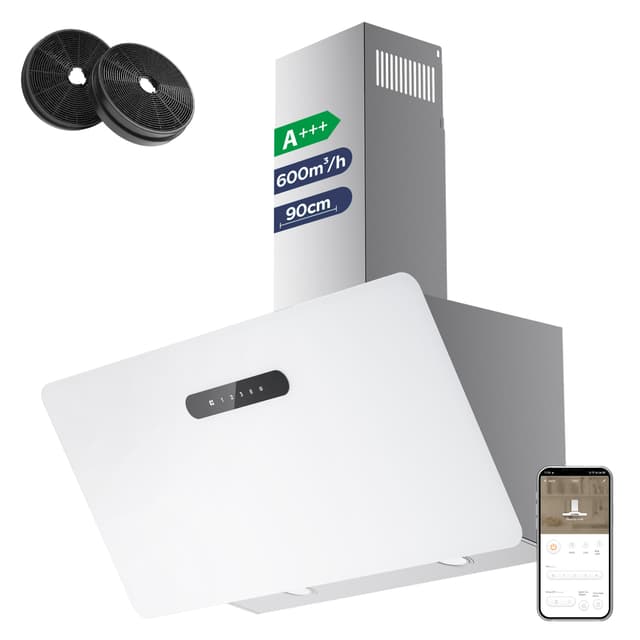 CIARRA A+++ Dunstabzugshaube 90 cm CBCW9736K Wi-Fi App SensorTouch Bedienung Kopffreie Schräghaube Umluft Abluft 650m³/h CBCF003 Aktivkohlefilter Wandhaube Edelstahl Glas Weiß